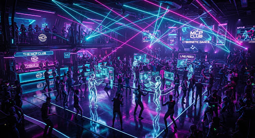 An atmospheric neon club lounge lit in pink and cyan